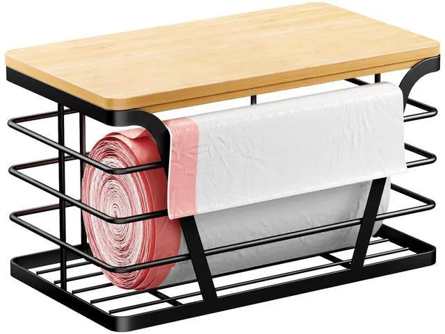 Main image of Small Grocery Bag Holder, Trash bag holder with Removable Bamboo Top, Wall Mount, No Drill, Stainless Steel, Black