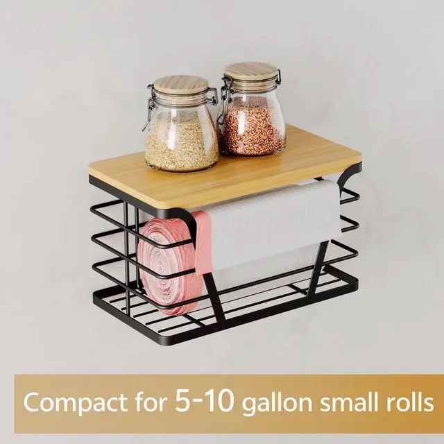Alt view image 2 of 7 - Small Grocery Bag Holder, Trash bag holder with Removable Bamboo Top, Wall Mount, No Drill, Stainless Steel, Black