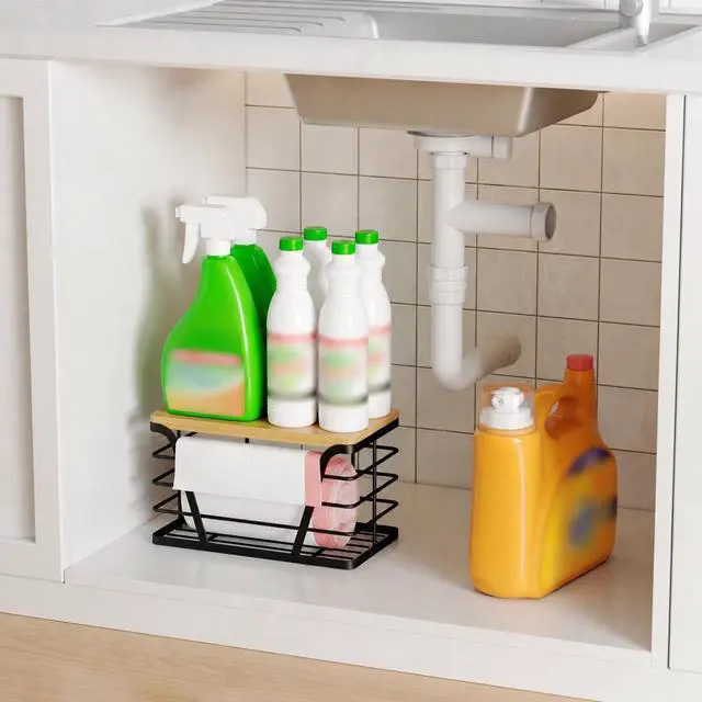 Alt view image 4 of 7 - Small Grocery Bag Holder, Trash bag holder with Removable Bamboo Top, Wall Mount, No Drill, Stainless Steel, Black