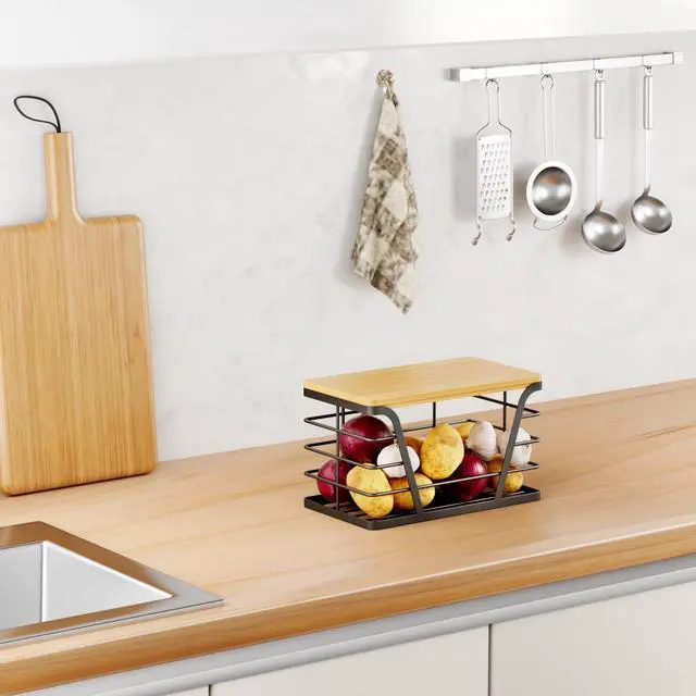 Alt view image 7 of 7 - Small Grocery Bag Holder, Trash bag holder with Removable Bamboo Top, Wall Mount, No Drill, Stainless Steel, Black