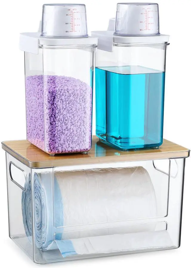 Main image of Trash Bag Dispenser Holder, 3-in-1 Laundry Detergent Dispenser Under Sink Organizer Box & Bamboo Lid, Clear Laundry Room Organization and Storage, Kitchen Garbage Bags Storage Container
