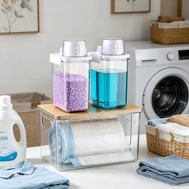 Alt view image 2 of 7 - Trash Bag Dispenser Holder, 3-in-1 Laundry Detergent Dispenser Under Sink Organizer Box & Bamboo Lid, Clear Laundry Room Organization and Storage, Kitchen Garbage Bags Storage Container