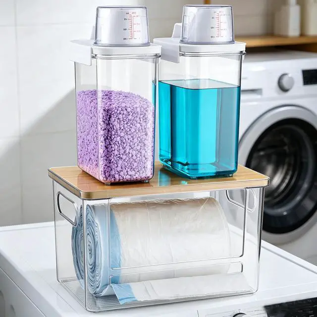 Alt view image 3 of 7 - Trash Bag Dispenser Holder, 3-in-1 Laundry Detergent Dispenser Under Sink Organizer Box & Bamboo Lid, Clear Laundry Room Organization and Storage, Kitchen Garbage Bags Storage Container