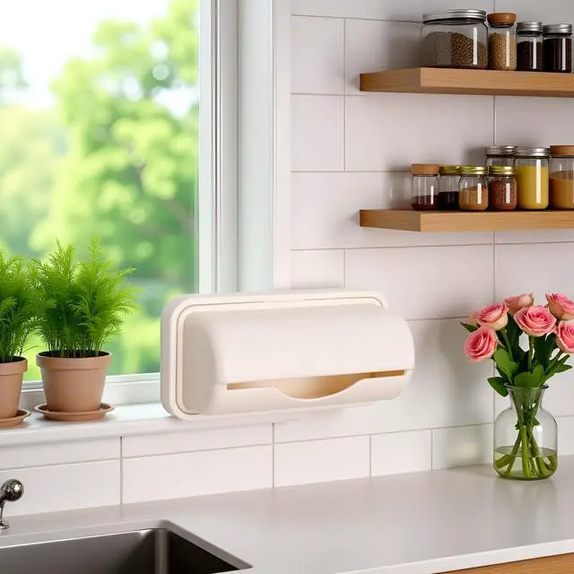 Alt view image 4 of 7 - Apricot Trash Bag Dispenser Roll Holder, Kitchen Trash Bag Dispenser Plastic Bag Holder, Wall Mount Garbage Bag Dispenser Kitchen Storage and Organization Accessories for Home Improvement