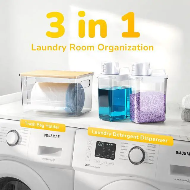 Alt view image 4 of 7 - Trash Bag Dispenser Holder, 3-in-1 Laundry Detergent Dispenser Under Sink Organizer Box & Bamboo Lid, Clear Laundry Room Organization and Storage, Kitchen Garbage Bags Storage Container