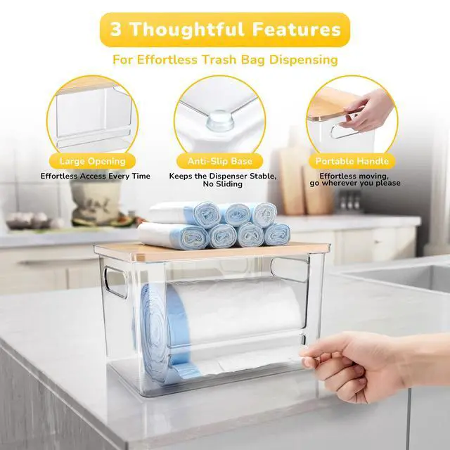 Alt view image 6 of 7 - Trash Bag Dispenser Holder, 3-in-1 Laundry Detergent Dispenser Under Sink Organizer Box & Bamboo Lid, Clear Laundry Room Organization and Storage, Kitchen Garbage Bags Storage Container
