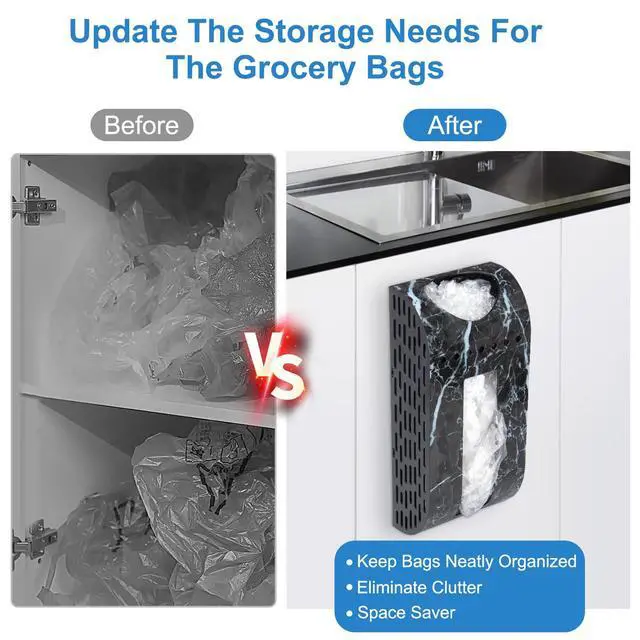 Alt view image 3 of 7 - Plastic Bag Holder Black Marble-Look Wall Mount Grocery Bag Holder for Plastic Bags, Easy Install Grocery Bag Storage Dispenser for Wall, Door, Inside Cabinet, Space Saving Design