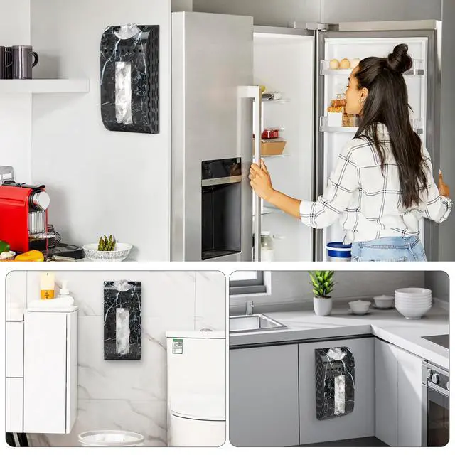 Alt view image 2 of 7 - Plastic Bag Holder Black Marble-Look Wall Mount Grocery Bag Holder for Plastic Bags, Easy Install Grocery Bag Storage Dispenser for Wall, Door, Inside Cabinet, Space Saving Design