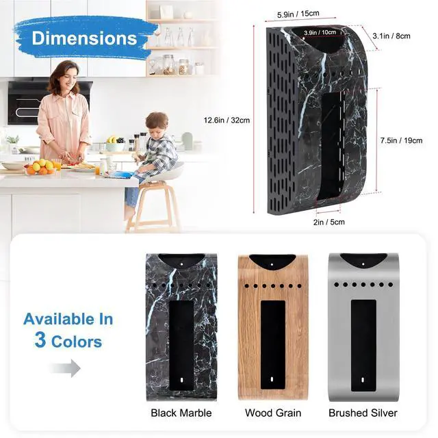 Alt view image 4 of 7 - Plastic Bag Holder Black Marble-Look Wall Mount Grocery Bag Holder for Plastic Bags, Easy Install Grocery Bag Storage Dispenser for Wall, Door, Inside Cabinet, Space Saving Design