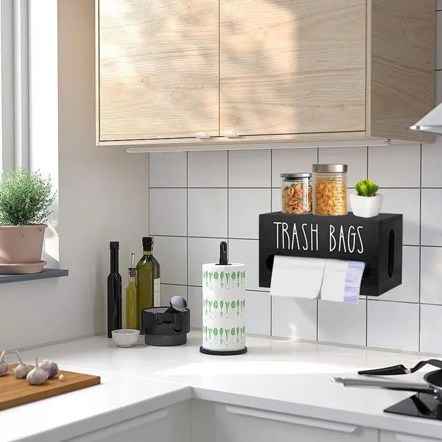 Alt view image 5 of 7 - Wooden Trash Bag Dispenser Organizer with Lid for Kitchen,Under Sink Holder