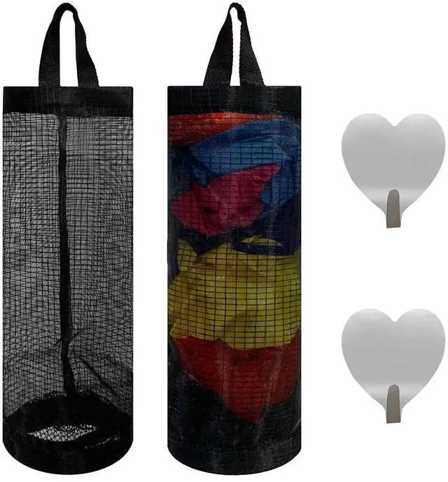 Main image of 2 Pcs Plastic Bag Holder Trash Bags Storage Dispenser Organizer for Home Kitchen Mesh Hanging Storage Dispensers Recycling Garbage Folding Hanging Storage Bag Grocery Bags Holder with 2 Hooks (Black)