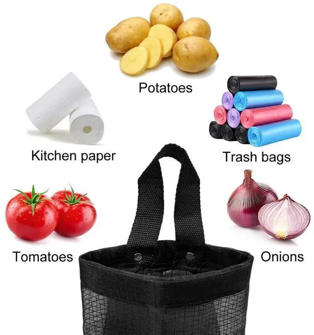 Alt view image 2 of 7 - 2 Pcs Plastic Bag Holder Trash Bags Storage Dispenser Organizer for Home Kitchen Mesh Hanging Storage Dispensers Recycling Garbage Folding Hanging Storage Bag Grocery Bags Holder with 2 Hooks (Black)