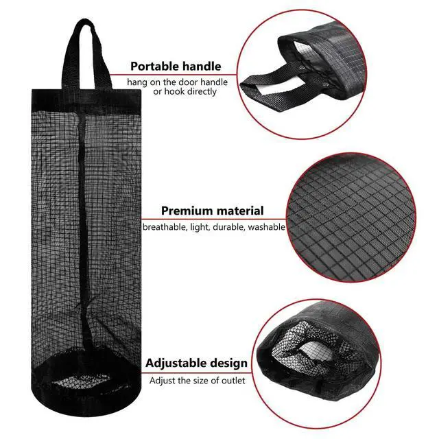 Alt view image 4 of 7 - 2 Pcs Plastic Bag Holder Trash Bags Storage Dispenser Organizer for Home Kitchen Mesh Hanging Storage Dispensers Recycling Garbage Folding Hanging Storage Bag Grocery Bags Holder with 2 Hooks (Black)