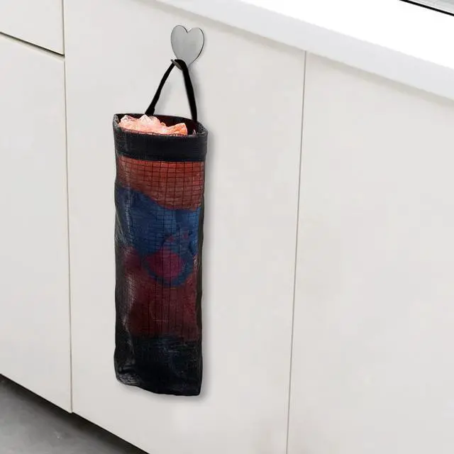 Alt view image 3 of 7 - 2 Pcs Plastic Bag Holder Trash Bags Storage Dispenser Organizer for Home Kitchen Mesh Hanging Storage Dispensers Recycling Garbage Folding Hanging Storage Bag Grocery Bags Holder with 2 Hooks (Black)