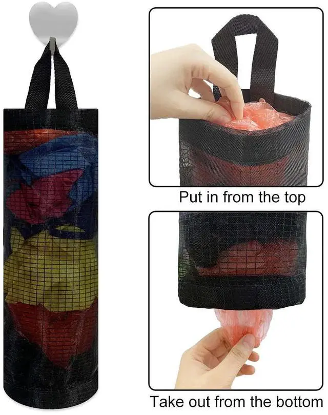 Alt view image 5 of 7 - 2 Pcs Plastic Bag Holder Trash Bags Storage Dispenser Organizer for Home Kitchen Mesh Hanging Storage Dispensers Recycling Garbage Folding Hanging Storage Bag Grocery Bags Holder with 2 Hooks (Black)