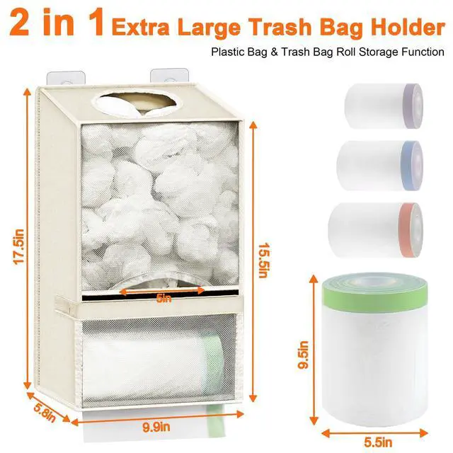 Alt view image 2 of 7 - Plastic Bag Holder - Large Wall Mount Grocery Bag Holder & Dispenser for Home Kitchen, 2-in-1 Space-Saving Durable Organizer House Necessities, Beige