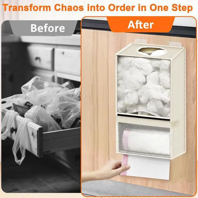 Alt view image 3 of 7 - Plastic Bag Holder - Large Wall Mount Grocery Bag Holder & Dispenser for Home Kitchen, 2-in-1 Space-Saving Durable Organizer House Necessities, Beige