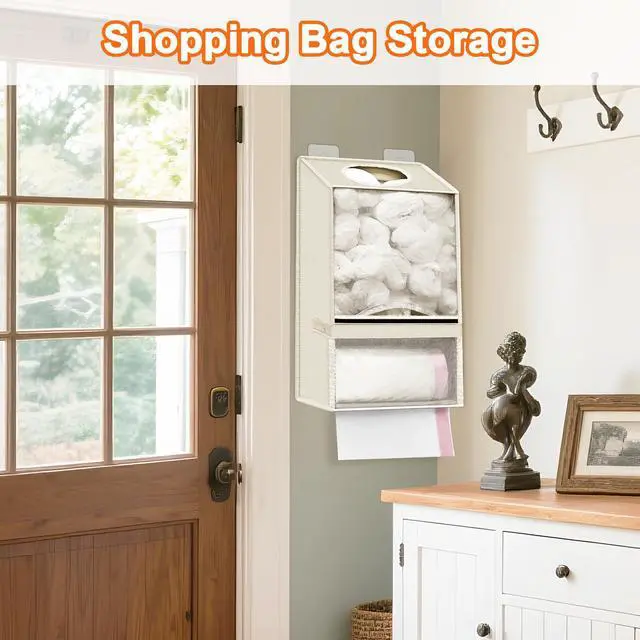 Alt view image 4 of 7 - Plastic Bag Holder - Large Wall Mount Grocery Bag Holder & Dispenser for Home Kitchen, 2-in-1 Space-Saving Durable Organizer House Necessities, Beige