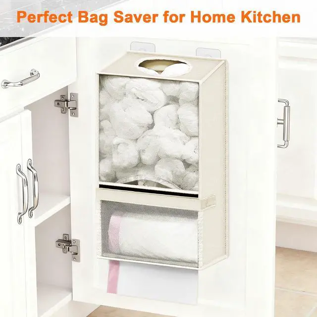 Alt view image 6 of 7 - Plastic Bag Holder - Large Wall Mount Grocery Bag Holder & Dispenser for Home Kitchen, 2-in-1 Space-Saving Durable Organizer House Necessities, Beige