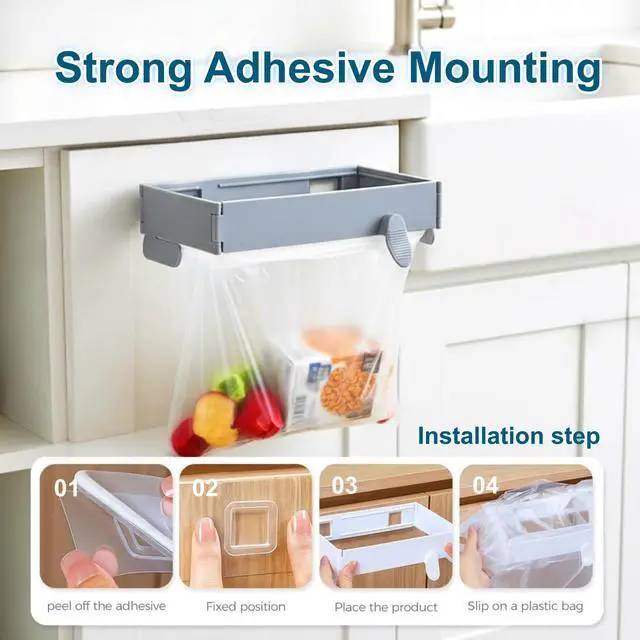 Alt view image 5 of 6 - 2Pcs Foldable Trash Bag Holder No Drill Adhesive Rack For Kitchen Cabinet Door