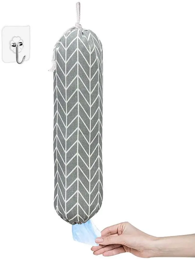 Main image of Wall Mount Plastic Grocery Bag Organizer/Holder,Washable Shopping Bags Carrier,Storage Dispenser for Home Kitchen Travelling, Free Adjustment with Drawstring, Large, Gray, 22x9"