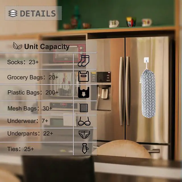 Alt view image 4 of 7 - Wall Mount Plastic Grocery Bag Organizer/Holder,Washable Shopping Bags Carrier,Storage Dispenser for Home Kitchen Travelling, Free Adjustment with Drawstring, Large, Gray, 22x9"
