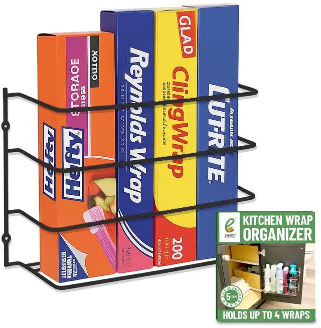 Main image of Kitchen Wrap Organizer - Hold up to 4 Plastic, Foil, Paper, Wax - Cabinet Door, Wall Rack Basket - Sandwich, Freezer, Food Bag Storage - Laundry Supplies - Black