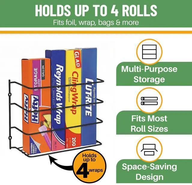 Alt view image 2 of 7 - Kitchen Wrap Organizer - Hold up to 4 Plastic, Foil, Paper, Wax - Cabinet Door, Wall Rack Basket - Sandwich, Freezer, Food Bag Storage - Laundry Supplies - Black