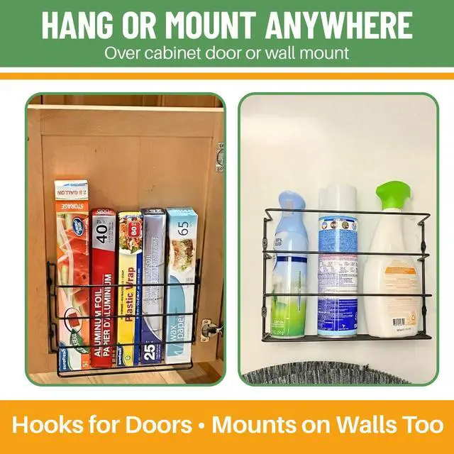 Alt view image 3 of 7 - Kitchen Wrap Organizer - Hold up to 4 Plastic, Foil, Paper, Wax - Cabinet Door, Wall Rack Basket - Sandwich, Freezer, Food Bag Storage - Laundry Supplies - Black