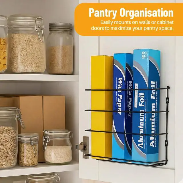 Alt view image 7 of 7 - Kitchen Wrap Organizer - Hold up to 4 Plastic, Foil, Paper, Wax - Cabinet Door, Wall Rack Basket - Sandwich, Freezer, Food Bag Storage - Laundry Supplies - Black