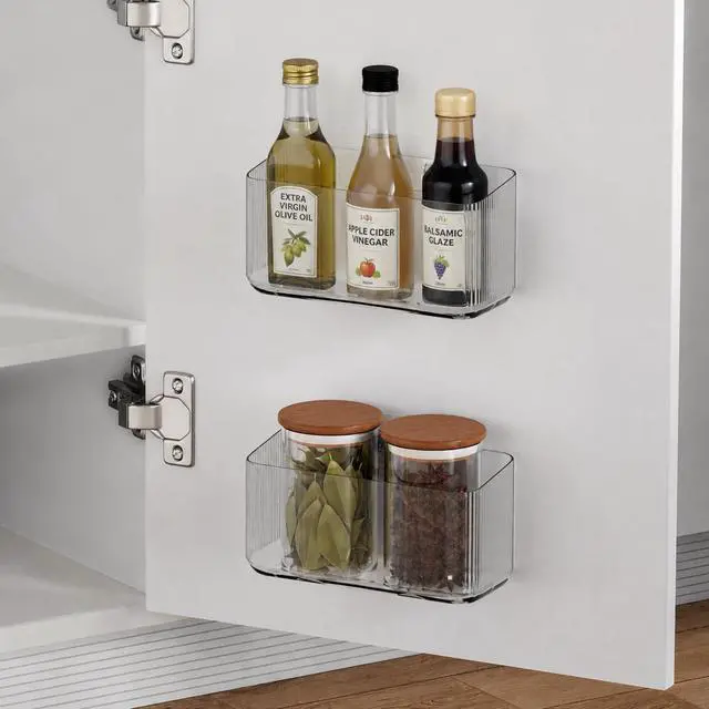 Alt view image 2 of 7 - Cruet stands, 2 Pack Cabinet Door Organizers Plastic Wrap Holders for Kitchen Organizers, No drilling Wall Door Mount Kitchen Wrap Rack for Foil Wrap, Cling Wrap, and Food Bags, Clear