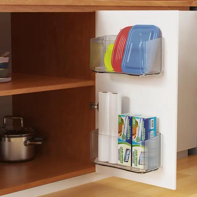 Alt view image 3 of 7 - Cruet stands, 2 Pack Cabinet Door Organizers Plastic Wrap Holders for Kitchen Organizers, No drilling Wall Door Mount Kitchen Wrap Rack for Foil Wrap, Cling Wrap, and Food Bags, Clear