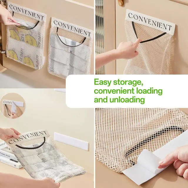 Alt view image 6 of 7 - 2Pcs Sticky Wall Mount Trash Bag Holder Dispenser - Under Sink & Cabinet Door Adhesive Organizer for Kitchen, Bathroom, Car, Laundry - Reusable Mesh Storage Bags JREEPEE