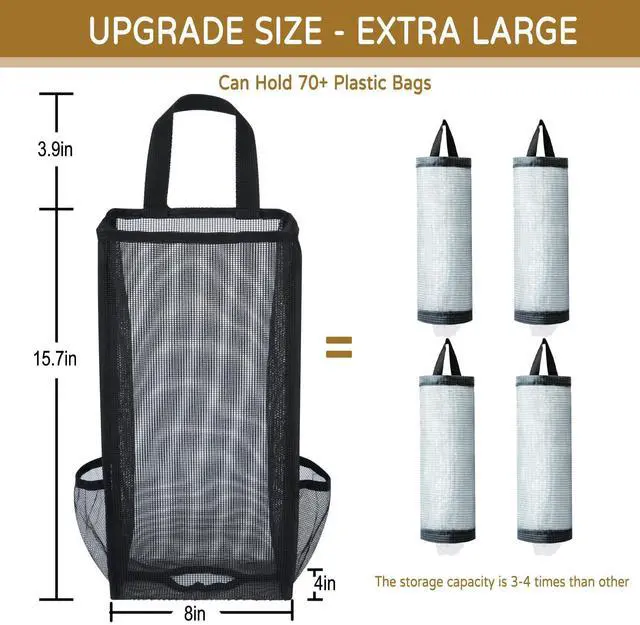 Alt view image 2 of 7 - Plastic Bag Holder, Large Capacity Grocery Bag Holder, Breathable Mesh Plastic Bag Holders for Grocery Bags Storage, Lightweight Trash Bag Holder Dispenser Organizer, Black