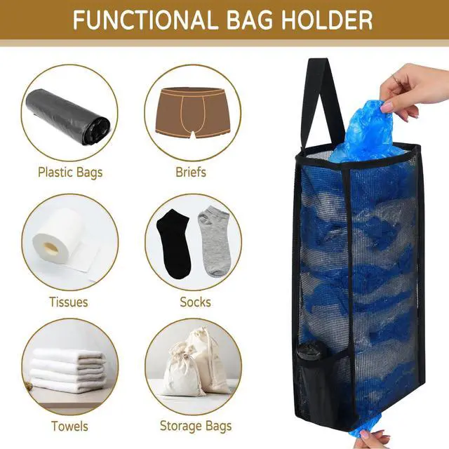 Alt view image 5 of 7 - Plastic Bag Holder, Large Capacity Grocery Bag Holder, Breathable Mesh Plastic Bag Holders for Grocery Bags Storage, Lightweight Trash Bag Holder Dispenser Organizer, Black