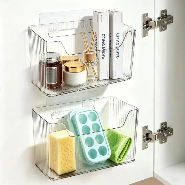 Alt view image 2 of 7 - 2 Pack Adhesive Cabinet Door Organizer Storage Caddy, Clear Lid Organizer Inside Cabinet Wall Mounted Pantry Door Caddy for Food Container Lid Kitchen Under Sink Basket (Clear)