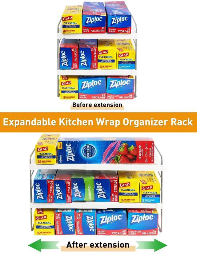 Alt view image 2 of 7 - Foil and Plastic Wrap Organizer, Expandable Kitchen Pantry Storage, Height Adjustable Cabinet Rack for Kitchen Organization, Aluminum Foil -3 Tier 9.8" to 15.6"L