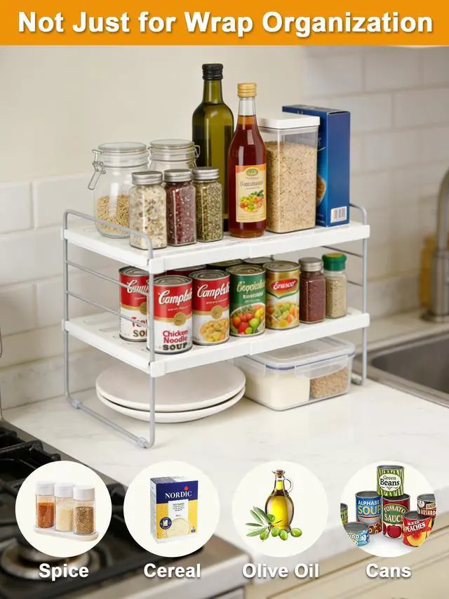 Alt view image 5 of 7 - Foil and Plastic Wrap Organizer, Expandable Kitchen Pantry Storage, Height Adjustable Cabinet Rack for Kitchen Organization, Aluminum Foil -3 Tier 9.8" to 15.6"L