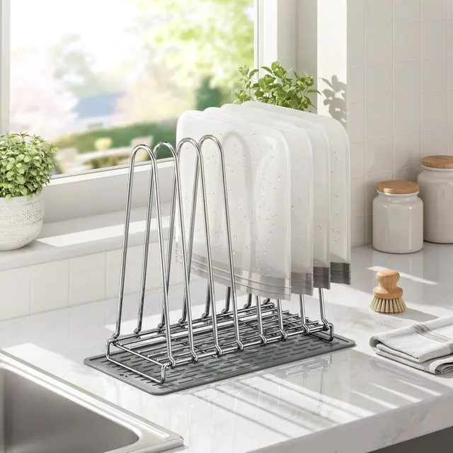 Alt view image 2 of 7 - Reusable Bag Dry Rack, 304 Stainless Steel Plastic Bag Dry Rack with Silicone Drying Mat, Easy to Disassemble Bag Dryer Rack for Reusable Bags, Ziplock Bags, Silicone Bags, Space Saving Drying Stand