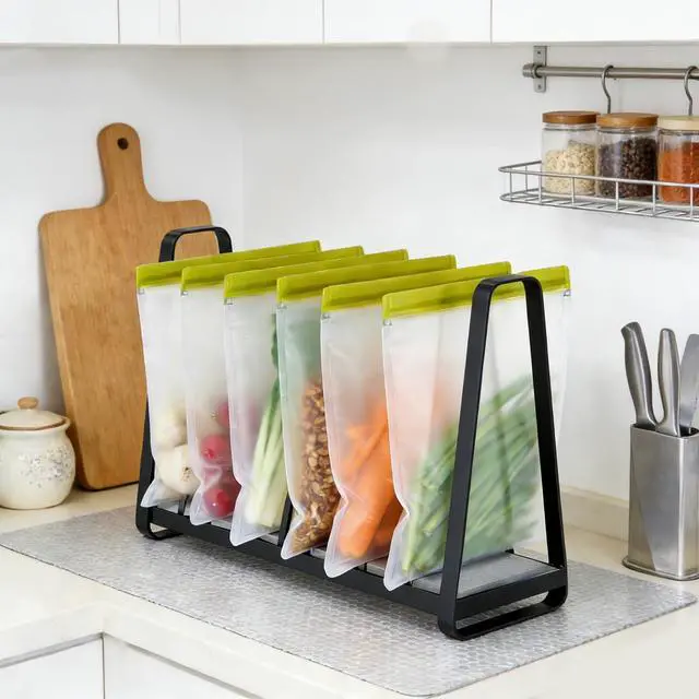 Alt view image 4 of 7 - Reusable Bag Drying Rack - 9-Slot Plastic Bag Drying Rack with Diatomite Base(Keep the Countertop Dry), Black