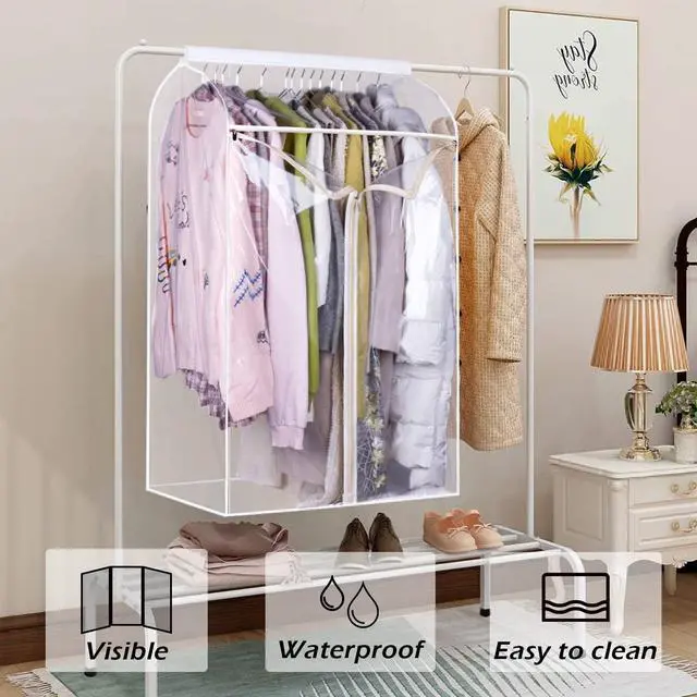 Alt view image 2 of 7 - 43" Hanging Garment Bags for Closet Storage Large Clear Window Hanging Clothes Storage Garment Rack Cover Coat Protector for Suit, Wardrobe, Bottom Enclosed