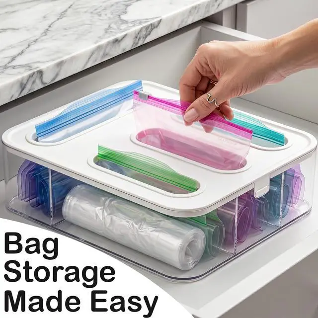 Alt view image 3 of 6 - Bag Storage Organizer for Kitchen Drawer, Plastic Bag Container Holder, Baggie Dispenser for Gallon, Quart, Sandwich, Snack, Kitchen Organizers and Storage