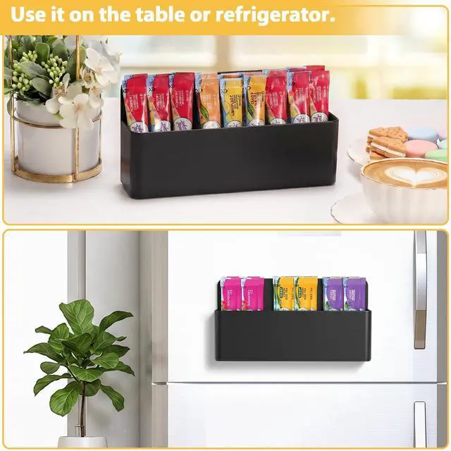 Alt view image 3 of 7 - Magnetic Water Drink Packet Organizer, 3 Compartments Tea Bag Organizer Sugar Packet Holder for Pantry Cabinet Fridge, Kitchen Organizers and Storage, Magnetic Pencil Holder (Black)