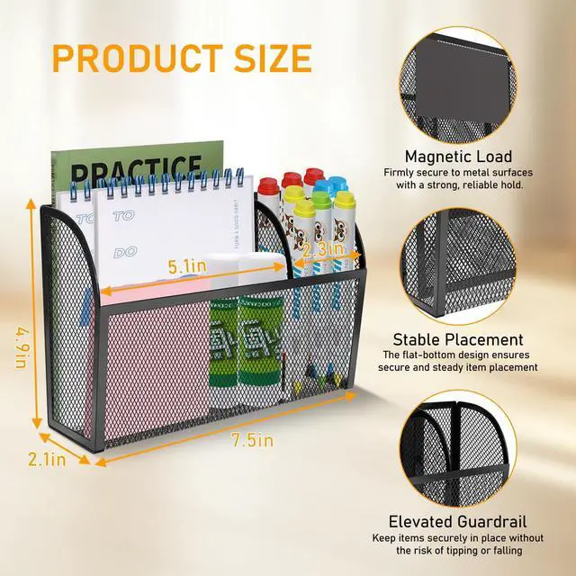 Alt view image 2 of 7 - Magnetic Pencil Holder-Magnetic Basket for Fridge 3-Grid Mesh Magnetic Pen Holder for Refrigerator, Extra Strong Magnets Mesh Marker Holder Locker Accessories Organizer for Whiteboard