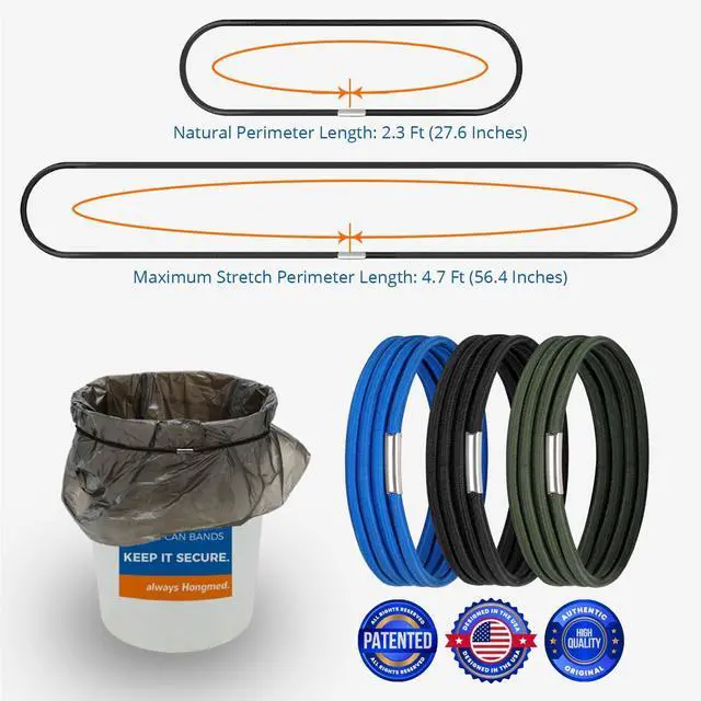 Alt view image 2 of 6 - Trash Can Rubber Bands Fit 8 to 32 Gallon Cans, Garbage Elastic Bands for Kitchen/Office/Garage, Trash Bag Holder Straps Set of 3 in Black, Blue, and Green