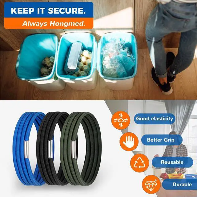 Alt view image 6 of 6 - Trash Can Rubber Bands Fit 8 to 32 Gallon Cans, Garbage Elastic Bands for Kitchen/Office/Garage, Trash Bag Holder Straps Set of 3 in Black, Blue, and Green