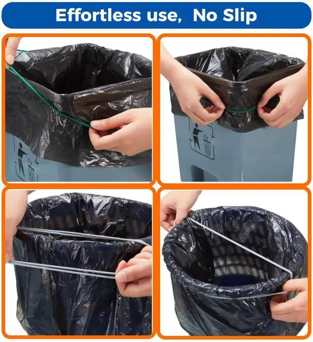 Alt view image 4 of 6 - Trash Can Rubber Bands Fit 8 to 32 Gallon Cans, Garbage Elastic Bands for Kitchen/Office/Garage, Trash Bag Holder Straps Set of 3 in Black, Blue, and Green