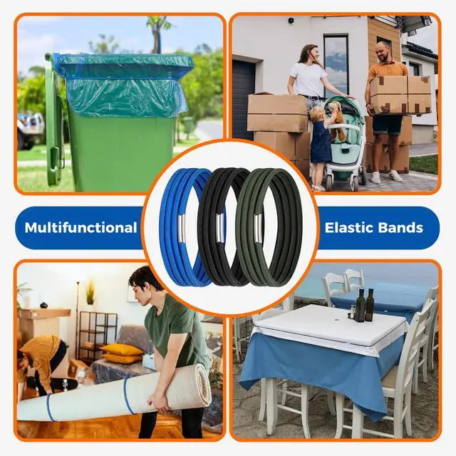 Alt view image 5 of 6 - Trash Can Bands Set of 3, Fits 55, 65, 96 Gallon Trash Cans, Extra Large Rubber Bands for Big Garbage Can Bag, Durable Kitchen Trash Bag Bands, Heavy Duty Moving Bands in Black Blue, and Olive Green