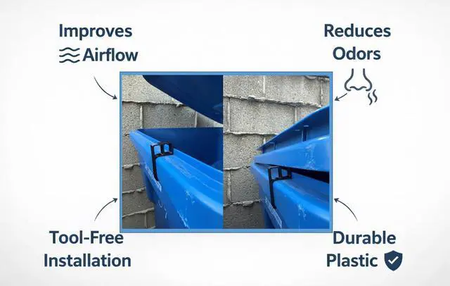 Alt view image 2 of 5 - Trash Can Ventilation Clip for U.S. Curbside Bins, Lid Spacer for Odor Reduction, Fits Residential Roller Trash Cans, Black