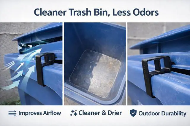 Alt view image 4 of 5 - Trash Can Ventilation Clip for U.S. Curbside Bins, Lid Spacer for Odor Reduction, Fits Residential Roller Trash Cans, Black